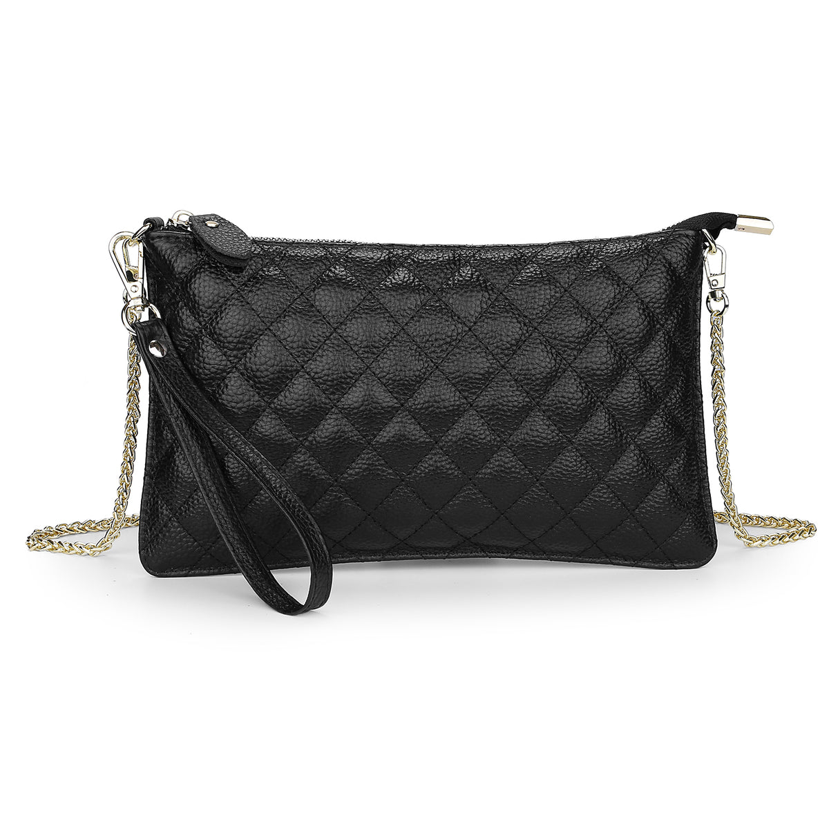 Clutch Wristlet Handbag Genuine Leather Black w check pattern RFID