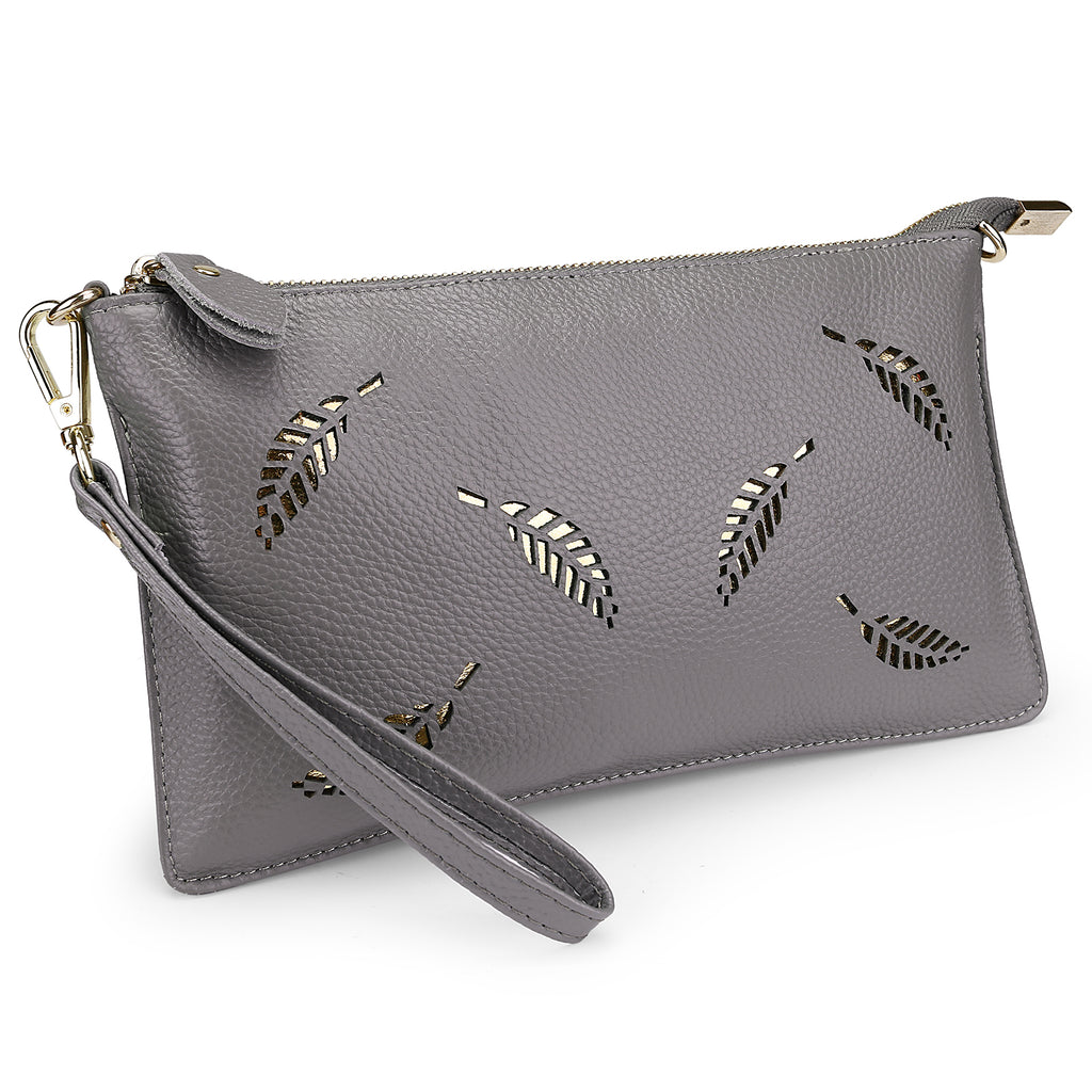 Clutch Wristlet Handbag Genuine Leather w leaf cut RFID Blocking 0590