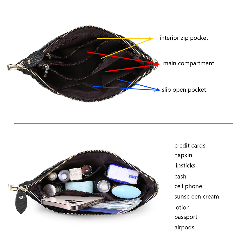 Clutch Wristlet Handbag Genuine Leather Black w check pattern RFID Blocking 0590