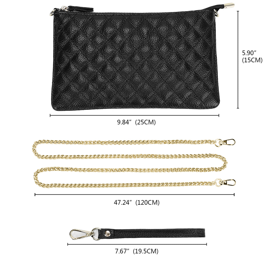 Clutch Wristlet Handbag Genuine Leather Black w check pattern RFID Blocking 0590