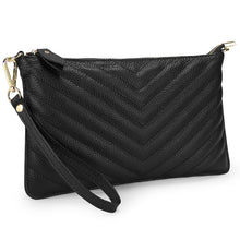 Load image into Gallery viewer, Clutch Wristlet Handbag Genuine Leather Black w Line pattern RFID Blocking 0590
