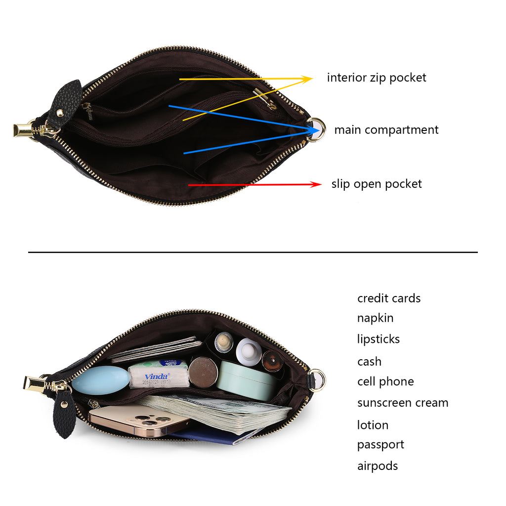 Clutch Wristlet Handbag Genuine Leather Black w Line pattern RFID Blocking 0590