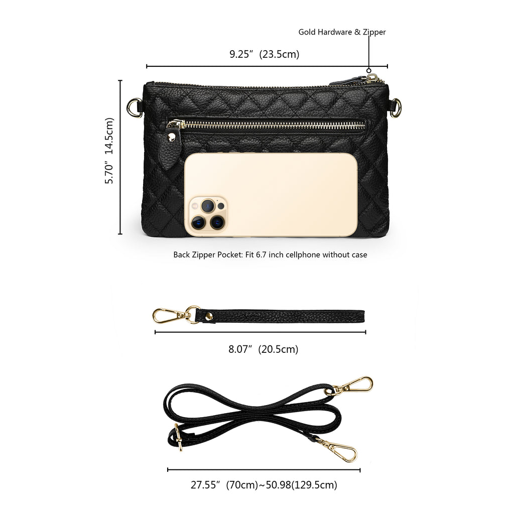 Black Quilted Lattice Genuine Leather Clutch Handbag Wristlet 1106