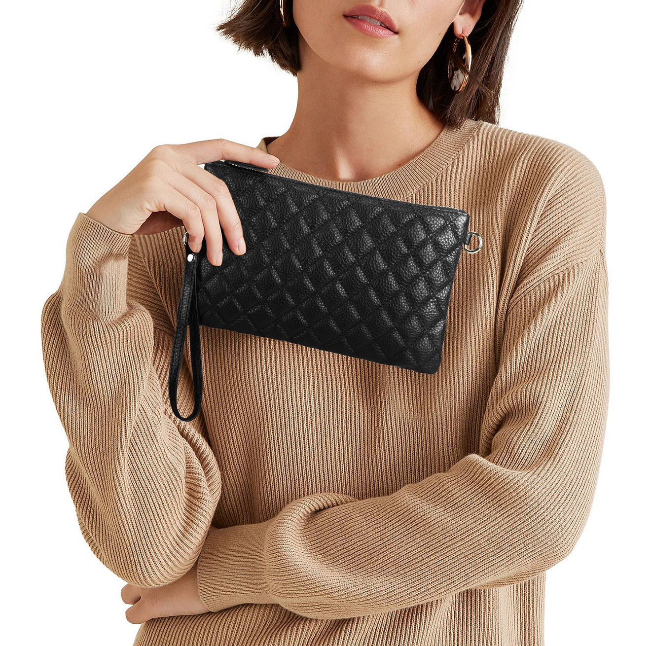 Quilted black leather clutch bag
