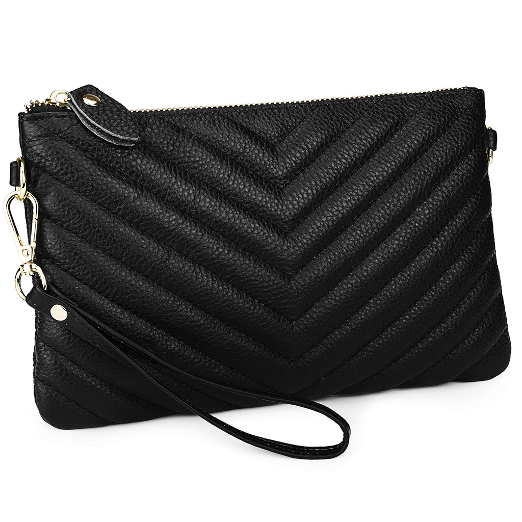 Black Quilted Lattice Genuine Leather Clutch Handbag Wristlet 1106